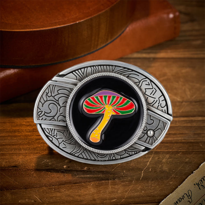Ledergürtel mit Regenbogen-Psychedelic-Pilz-Motiv, verstecktem Klappmesser und Schnalle - Regenbogenpilz - Ohne Gürtel - Nicht im Lieferumfang enthalten: Gürtel - image 0