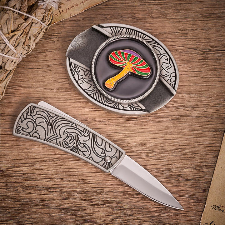 Ledergürtel mit Regenbogen-Psychedelic-Pilz-Motiv, verstecktem Klappmesser und Schnalle - image 1