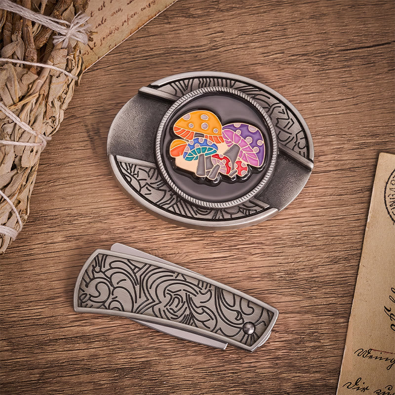 Zauberpilze, bunte Emaille, verstecktes Klappmesser, Gürtelschnalle, Leder - image 9