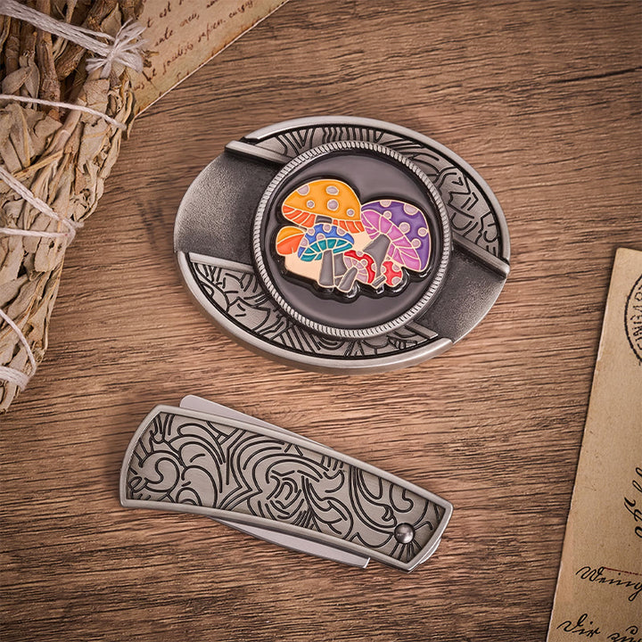 Zauberpilze, bunte Emaille, verstecktes Klappmesser, Gürtelschnalle, Leder - image 9