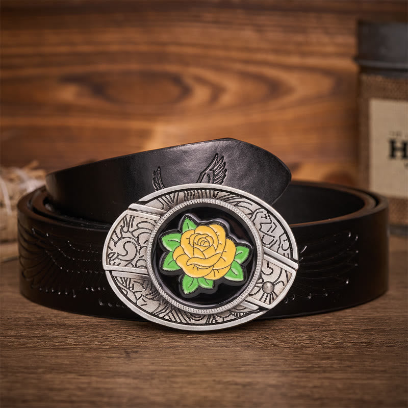 Freundschaft Gelbe Rose Western Verstecktes Klappmesser Schnalle Ledergürtel - Gelbe Rose - Schwarzer Gürtel mit Adlerprägung - 42 - image 2