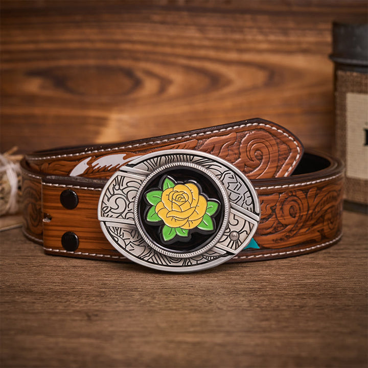 Freundschaft Gelbe Rose Western Verstecktes Klappmesser Schnalle Ledergürtel - Gelbe Rose - Brauner Federgürtel - 40 - image 7