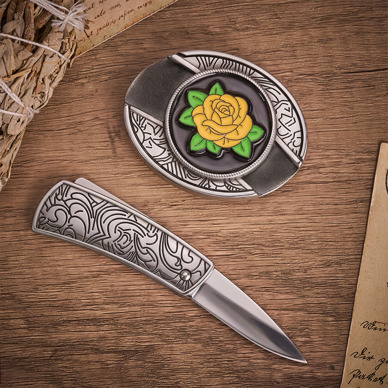 Freundschaft Gelbe Rose Western Verstecktes Klappmesser Schnalle Ledergürtel - image 1