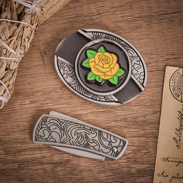 Freundschaft Gelbe Rose Western Verstecktes Klappmesser Schnalle Ledergürtel - image 9