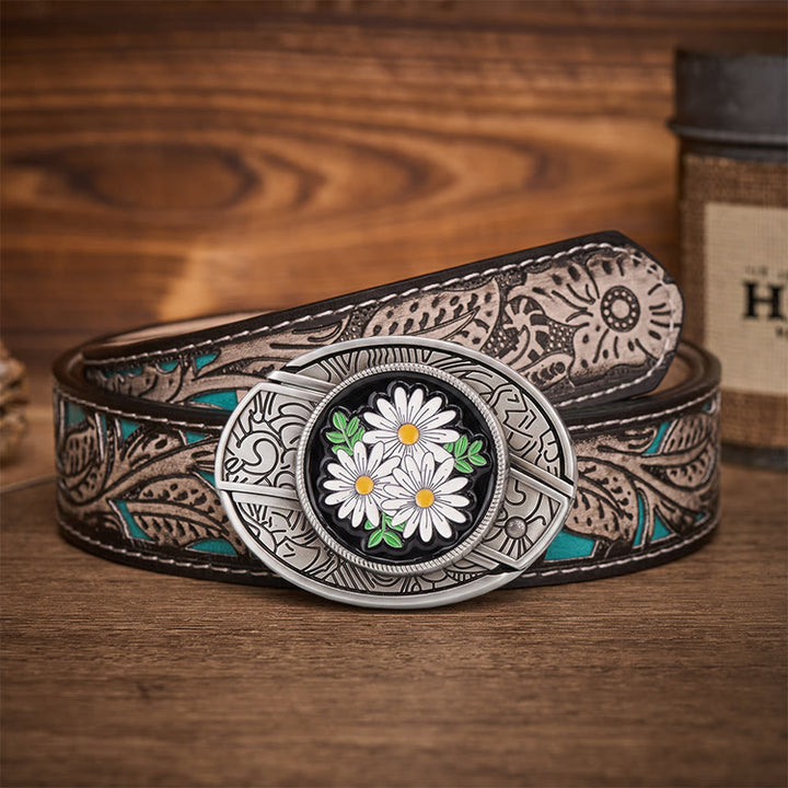 Weißer Daisy Daydream Gürtel mit verstecktem Klappmesser und Schnalle - Weiße Gänseblümchen - Grauer Gürtel mit Blumenmuster - 42 - image 8