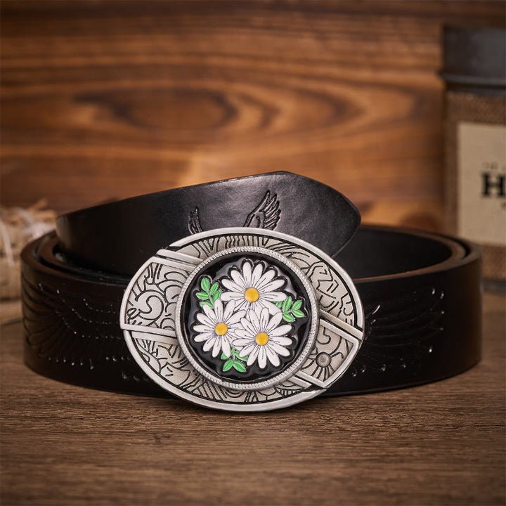 Weißer Daisy Daydream Gürtel mit verstecktem Klappmesser und Schnalle - Weiße Gänseblümchen - Schwarzer Gürtel mit Adlerprägung - 42 - image 2