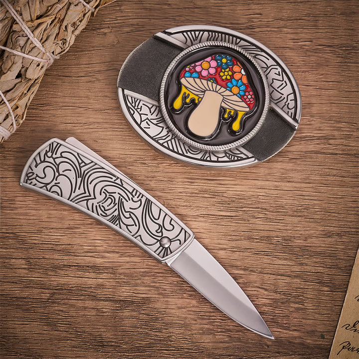 Abgefahrener Ledergürtel mit Pilzmotiv, verstecktem Klappmesser und Schnalle - image 1