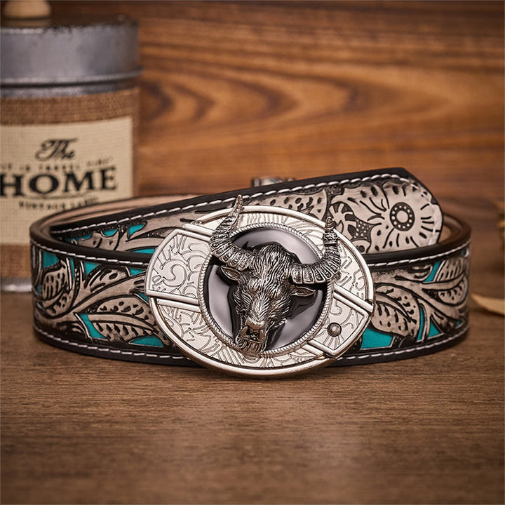 Longhorn Legend Bull Head Verstecktes Klappmesser Schnalle Ledergürtel - Longhorn-Bulle - Grauer Gürtel mit Blumenmuster - 42 - image 8