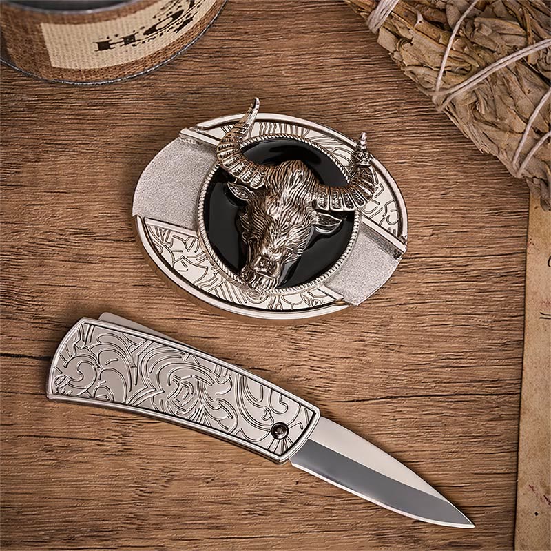 Longhorn Legend Bull Head Verstecktes Klappmesser Schnalle Ledergürtel - image 1