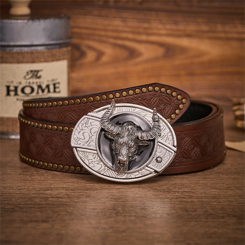 Longhorn Legend Bull Head Verstecktes Klappmesser Schnalle Ledergürtel - Longhorn-Bulle - Brauner Nietgürtel - 42 - image 4