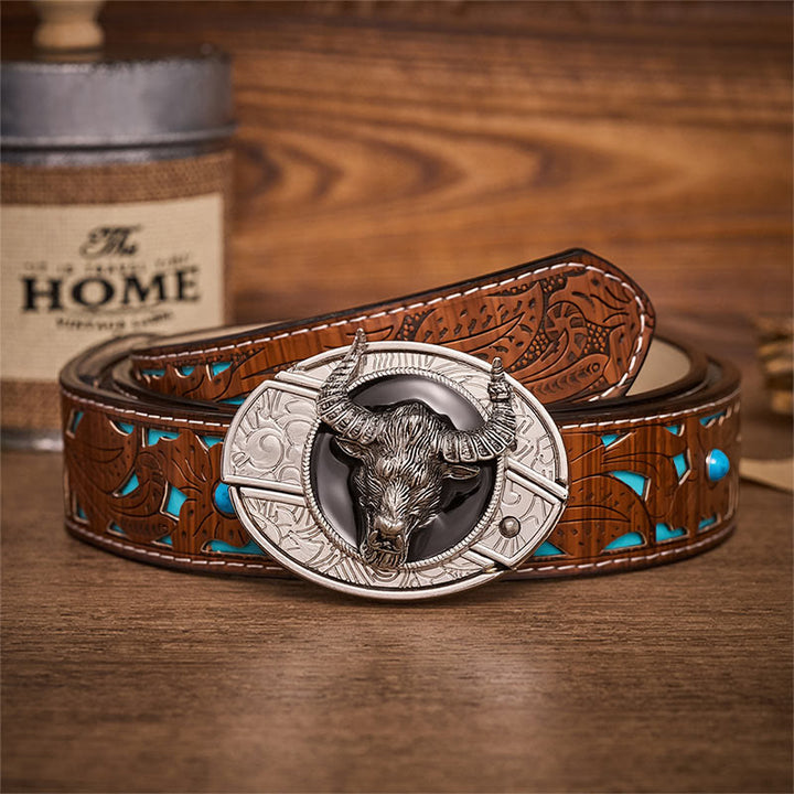 Longhorn Legend Bull Head Verstecktes Klappmesser Schnalle Ledergürtel - Longhorn-Bulle - Türkisfarbener, geschnitzter Gürtel - 42 - image 3