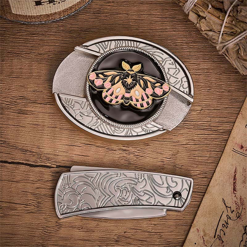 Pink & Gold Mystic Moth Ledergürtel mit verstecktem Klappmesser und Schnalle - image 10