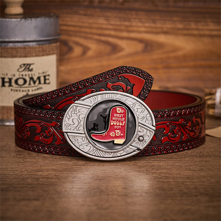 Roter Cowboy-Stiefel, verstecktes Klappmesser, Schnalle, Ledergürtel - Roter Cowboy-Stiefel - Brauner geschnitzter Gürtel - 42 - image 6