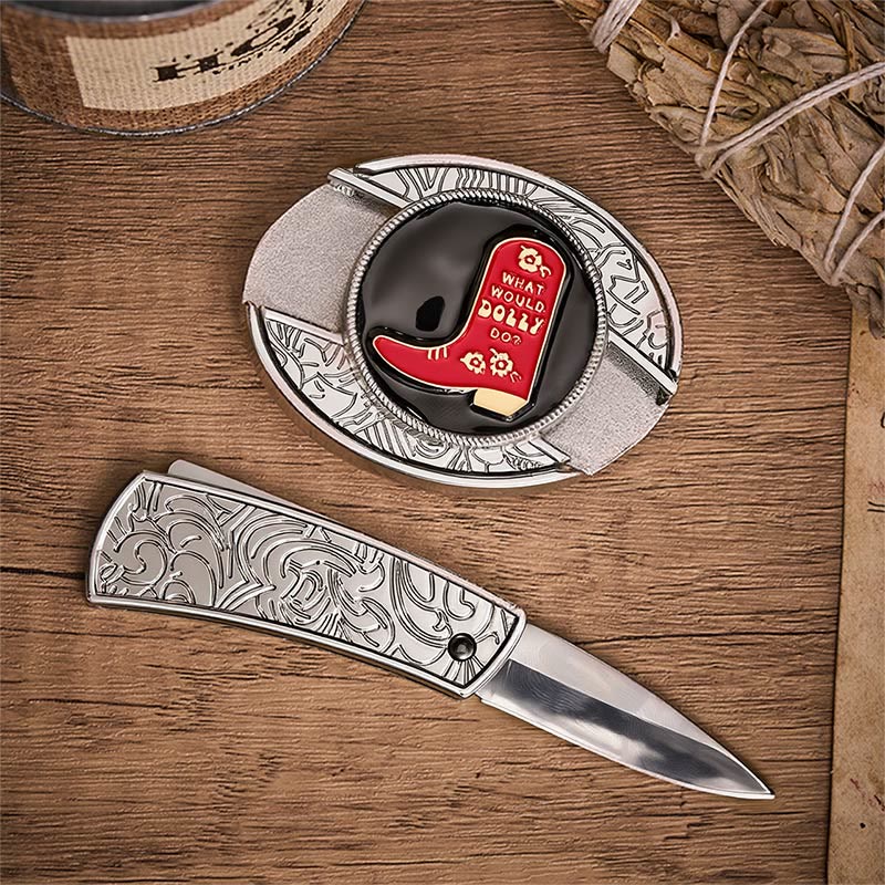Roter Cowboy-Stiefel, verstecktes Klappmesser, Schnalle, Ledergürtel - image 1