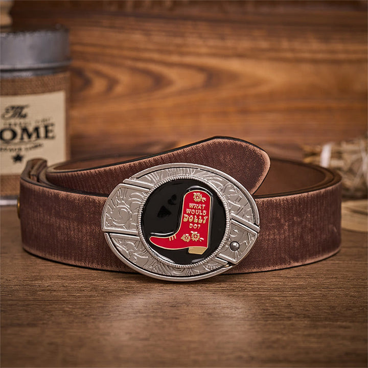Roter Cowboy-Stiefel, verstecktes Klappmesser, Schnalle, Ledergürtel - Roter Cowboy-Stiefel - Brauner, abgenutzter Gürtel - 42 - image 5