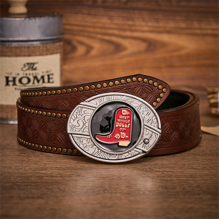 Roter Cowboy-Stiefel, verstecktes Klappmesser, Schnalle, Ledergürtel - Roter Cowboy-Stiefel - Brauner Nietgürtel - 42 - image 4