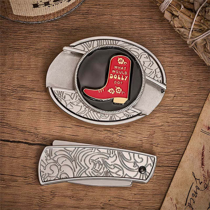 Roter Cowboy-Stiefel, verstecktes Klappmesser, Schnalle, Ledergürtel - image 10