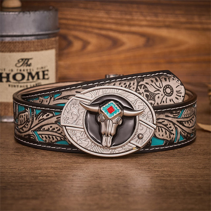 Desert Spirit Aztec Ste Skull Hidden Folding Knife Buckle Leather Belt - Aztekenbulle - Grauer Gürtel mit Blumenmuster - 42 - image 8