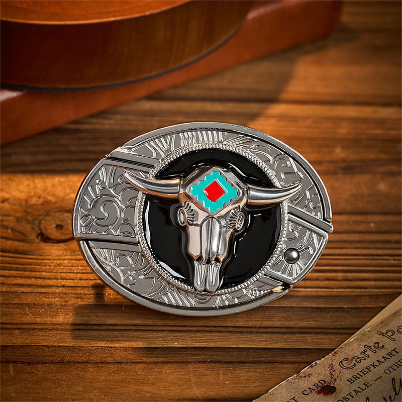 Desert Spirit Aztec Ste Skull Hidden Folding Knife Buckle Leather Belt - Aztekenbulle - Ohne Gürtel - Nicht im Lieferumfang enthalten: Gürtel - image 0