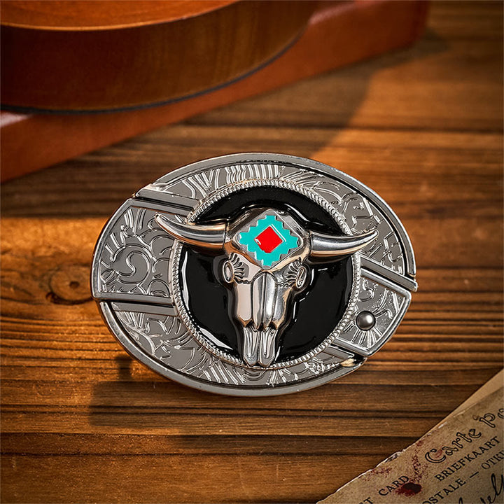 Desert Spirit Aztec Ste Skull Hidden Folding Knife Buckle Leather Belt - Aztekenbulle - Ohne Gürtel - Nicht im Lieferumfang enthalten: Gürtel - image 0
