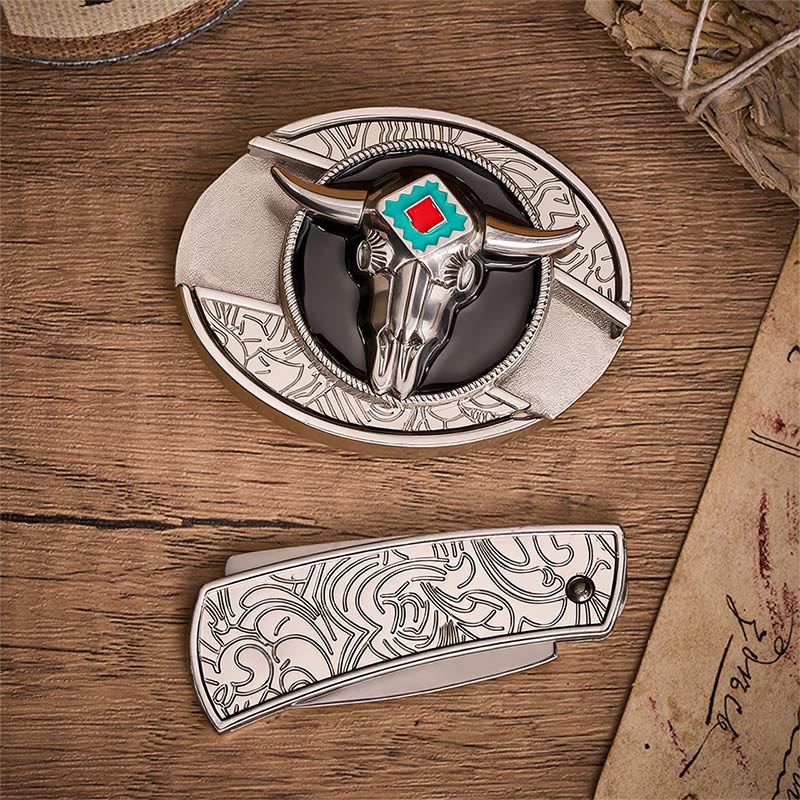 Desert Spirit Aztec Ste Skull Hidden Folding Knife Buckle Leather Belt - image 10