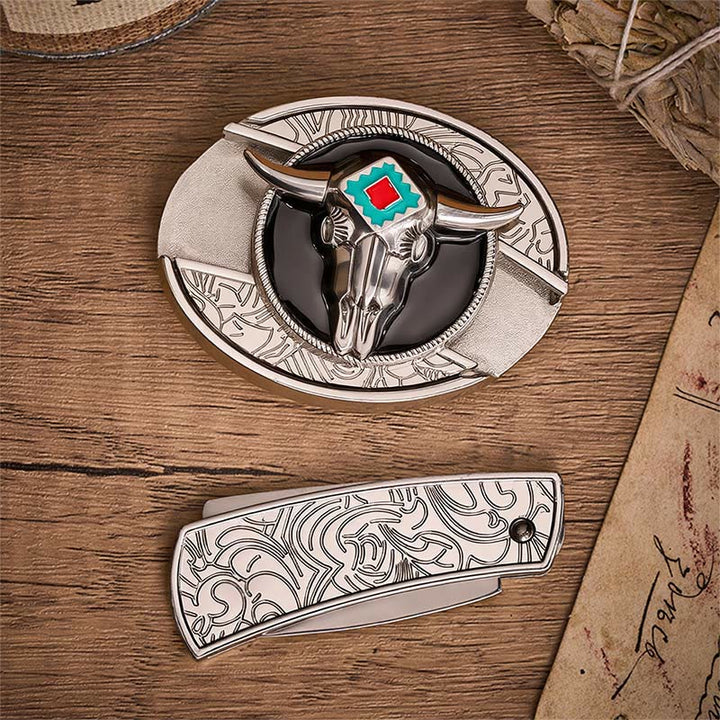 Desert Spirit Aztec Ste Skull Hidden Folding Knife Buckle Leather Belt - image 10