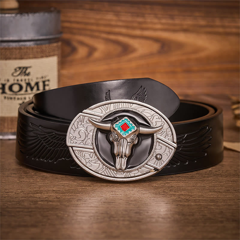 Desert Spirit Aztec Ste Skull Hidden Folding Knife Buckle Leather Belt - Aztekenbulle - Schwarzer Gürtel mit Adlerprägung - 42 - image 2