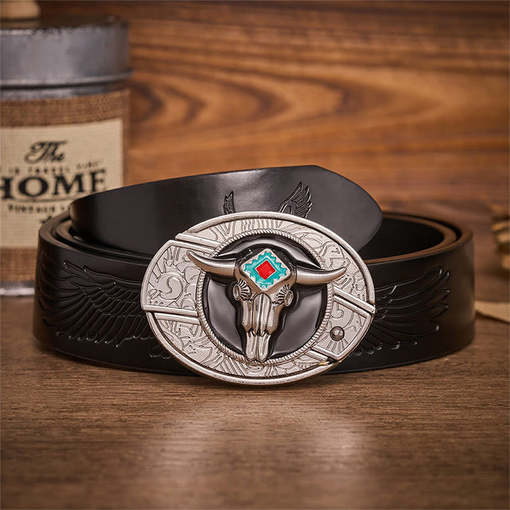 Desert Spirit Aztec Ste Skull Hidden Folding Knife Buckle Leather Belt - Aztekenbulle - Schwarzer Gürtel mit Adlerprägung - 42 - image 2