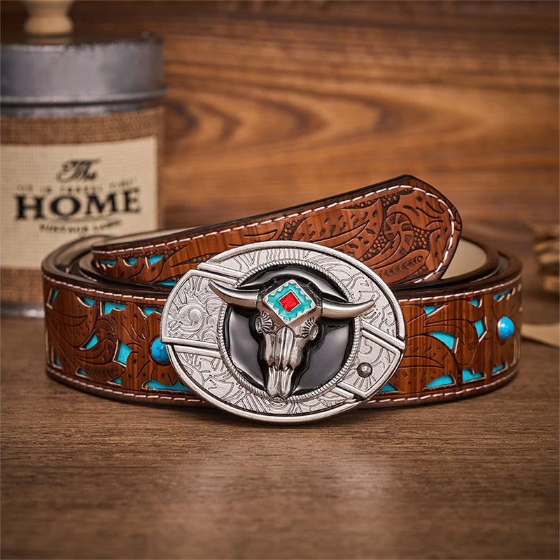 Desert Spirit Aztec Ste Skull Hidden Folding Knife Buckle Leather Belt - Aztekenbulle - Türkisfarbener, geschnitzter Gürtel - 42 - image 3