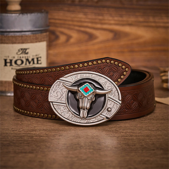 Desert Spirit Aztec Ste Skull Hidden Folding Knife Buckle Leather Belt - Aztekenbulle - Brauner Nietgürtel - 42 - image 4
