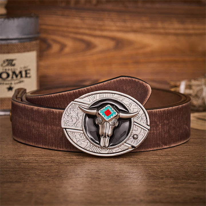 Desert Spirit Aztec Ste Skull Hidden Folding Knife Buckle Leather Belt - Aztekenbulle - Brauner, abgenutzter Gürtel - 42 - image 5