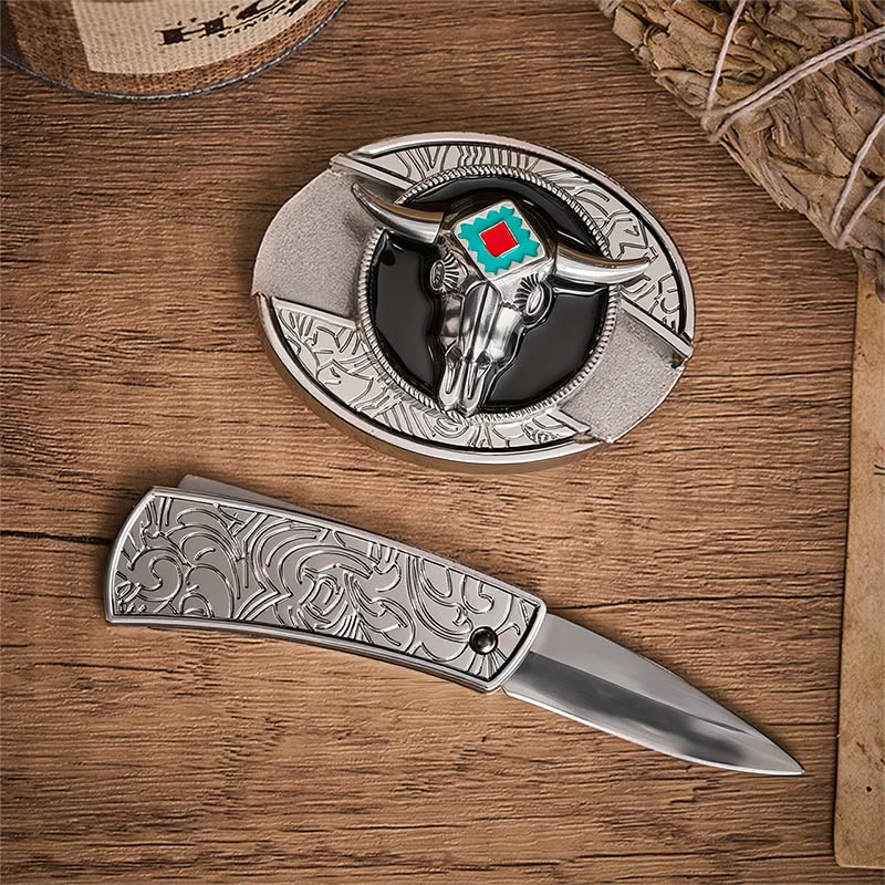 Desert Spirit Aztec Ste Skull Hidden Folding Knife Buckle Leather Belt - image 1