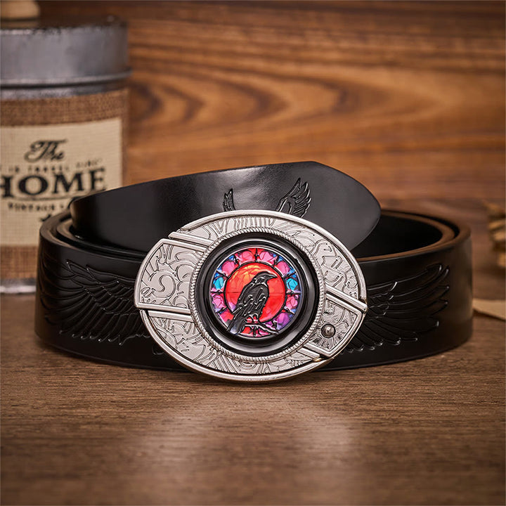 Midnight Raven Window Verstecktes Klappmesser Schnalle Ledergürtel - Rabenfenster - Schwarzer Gürtel mit Adlerprägung - 42 - image 2