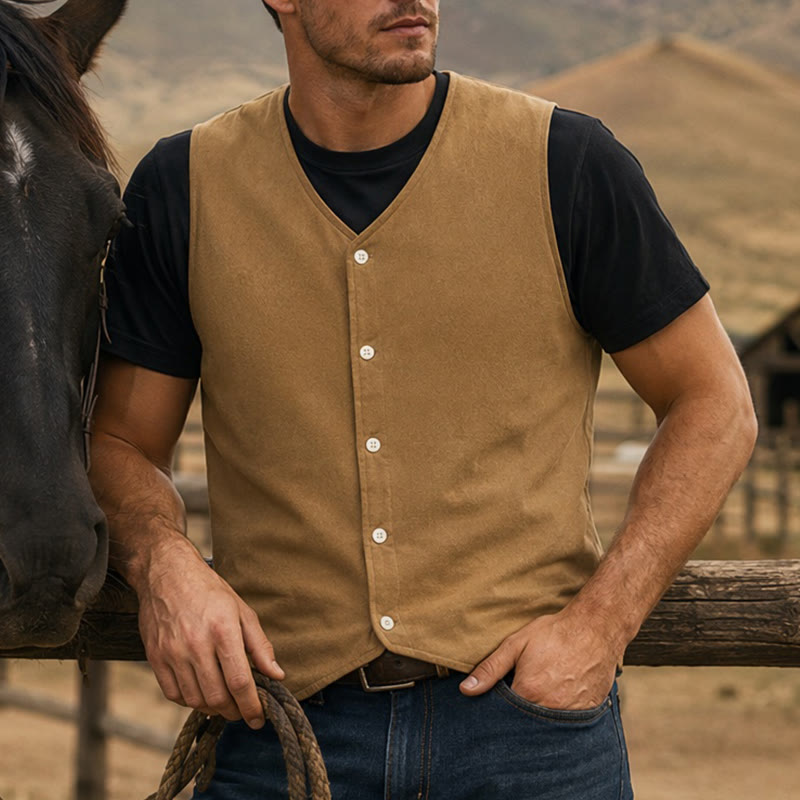 Schlichte, einfarbige Sommerweste für Herren aus Baumwoll-Leinen-Mischgewebe - Khaki - 3XL - image 5