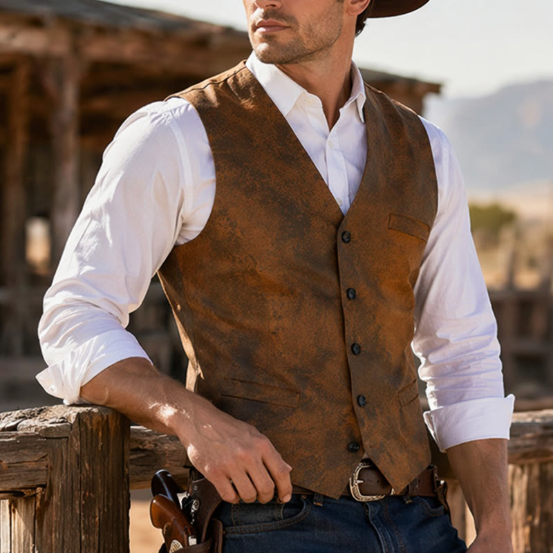 Robuste Herrenweste im Westernstil mit tabakbraunem Muster - Braun - 3XL - image 0