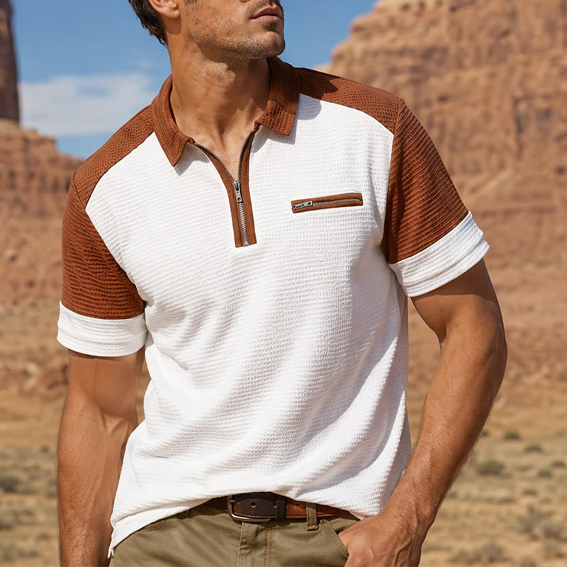 Retro-Poloshirt für Herren mit Farbblock-Design und Reißverschlusskragen, Sommer-Look - Weiß - 3XL - image 4