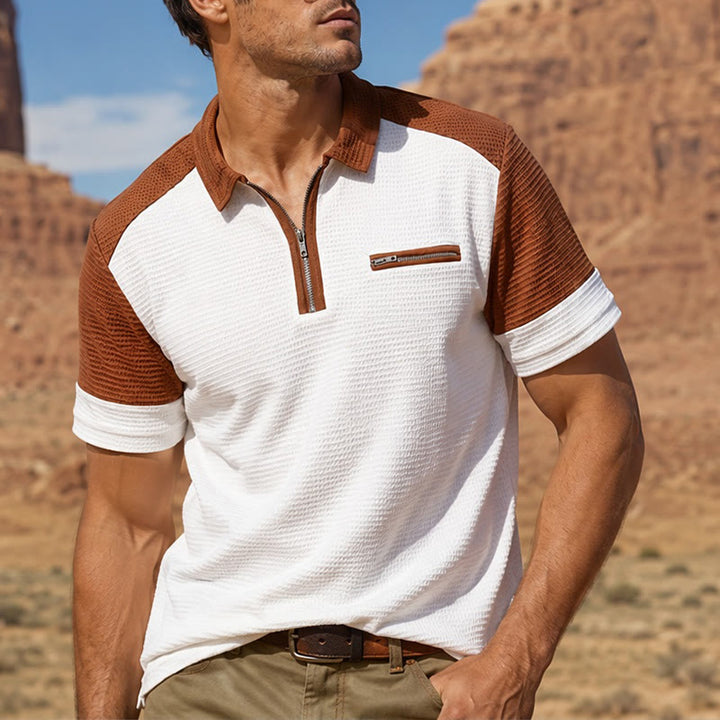 Retro-Poloshirt für Herren mit Farbblock-Design und Reißverschlusskragen, Sommer-Look - Weiß - 3XL - image 4