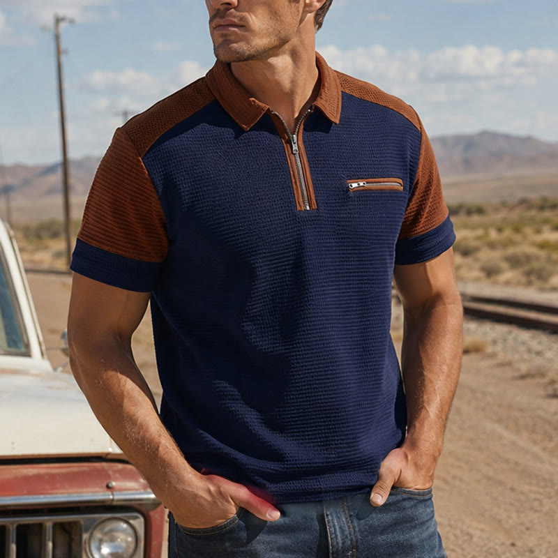 Retro-Poloshirt für Herren mit Farbblock-Design und Reißverschlusskragen, Sommer-Look - Marine - 3XL - image 6