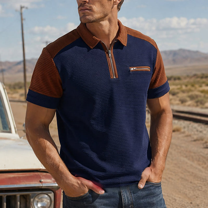 Retro-Poloshirt für Herren mit Farbblock-Design und Reißverschlusskragen, Sommer-Look - Marine - 3XL - image 6