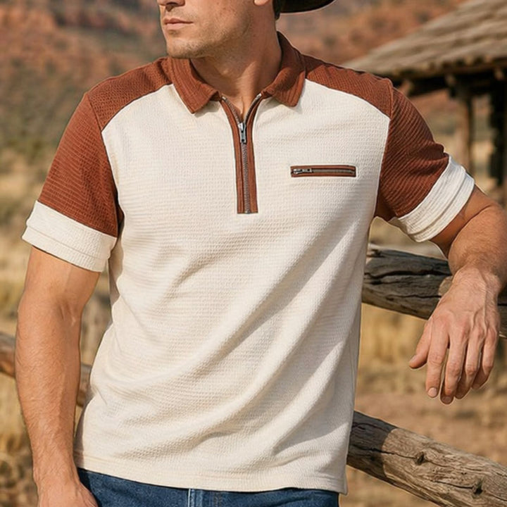 Retro-Poloshirt für Herren mit Farbblock-Design und Reißverschlusskragen, Sommer-Look - Khaki - 3XL - image 0
