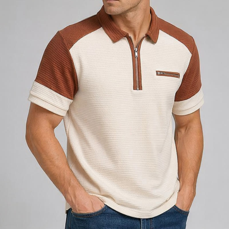 Retro-Poloshirt für Herren mit Farbblock-Design und Reißverschlusskragen, Sommer-Look - image 3