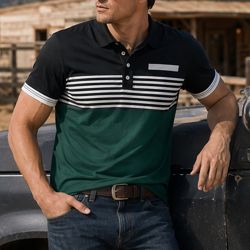 Modernes schwarzes Polohemd für Herren mit Streifenmuster für den Sommer - Schwarz - 5XL - image 7