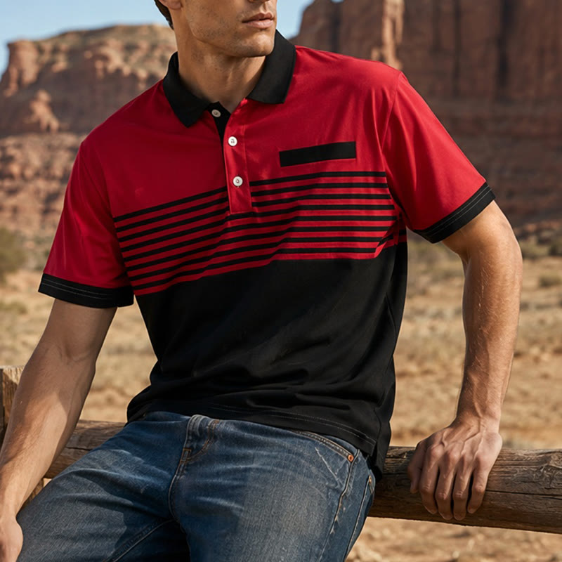 Modernes schwarzes Polohemd für Herren mit Streifenmuster für den Sommer - Rot - 5XL - image 6