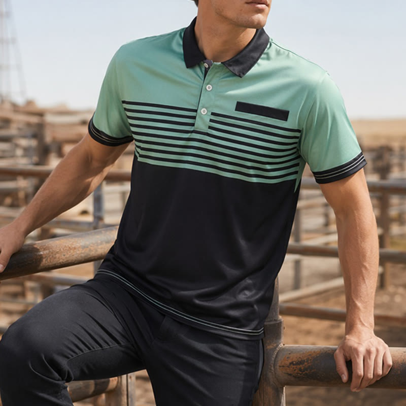 Modernes schwarzes Polohemd für Herren mit Streifenmuster für den Sommer - Grün - 5XL - image 0