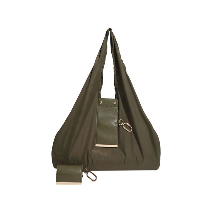 Faltbare Nylon-Schultertasche mit Schlüsselanhänger und Lederakzenten - Armeegrün - Klein - image 14