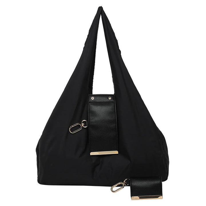 Faltbare Nylon-Schultertasche mit Schlüsselanhänger und Lederakzenten - Schwarz - Groß - image 24
