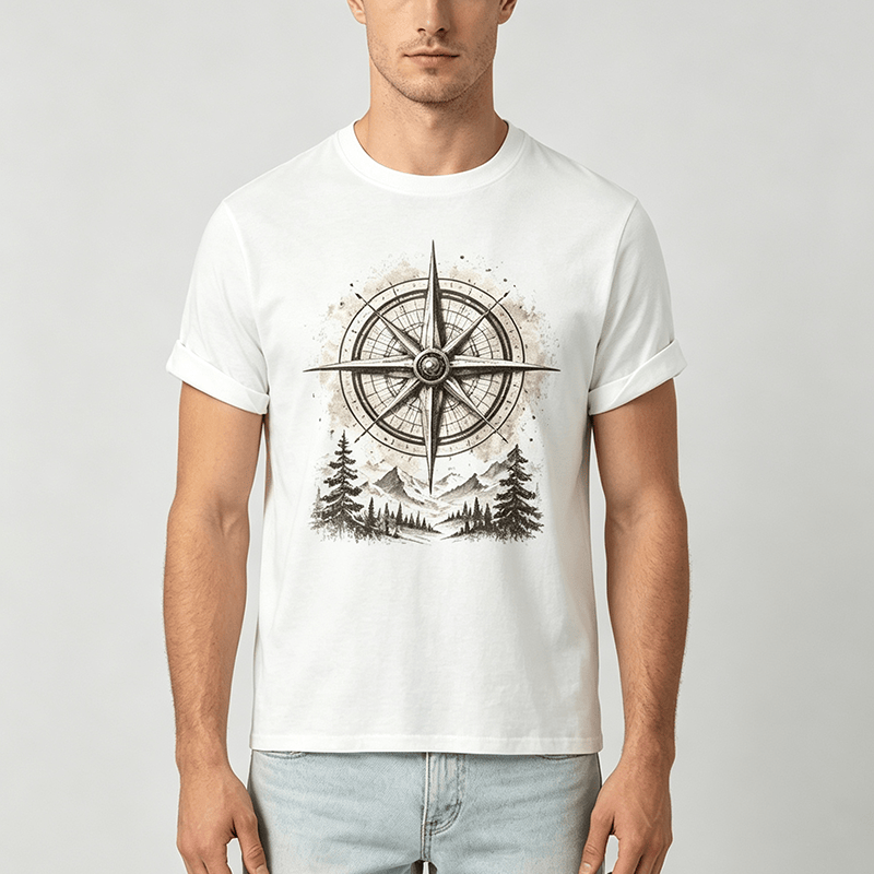 Vintage-T-Shirt mit Aquarell-Bergkompass-Grafik im Western-Stil - image 1
