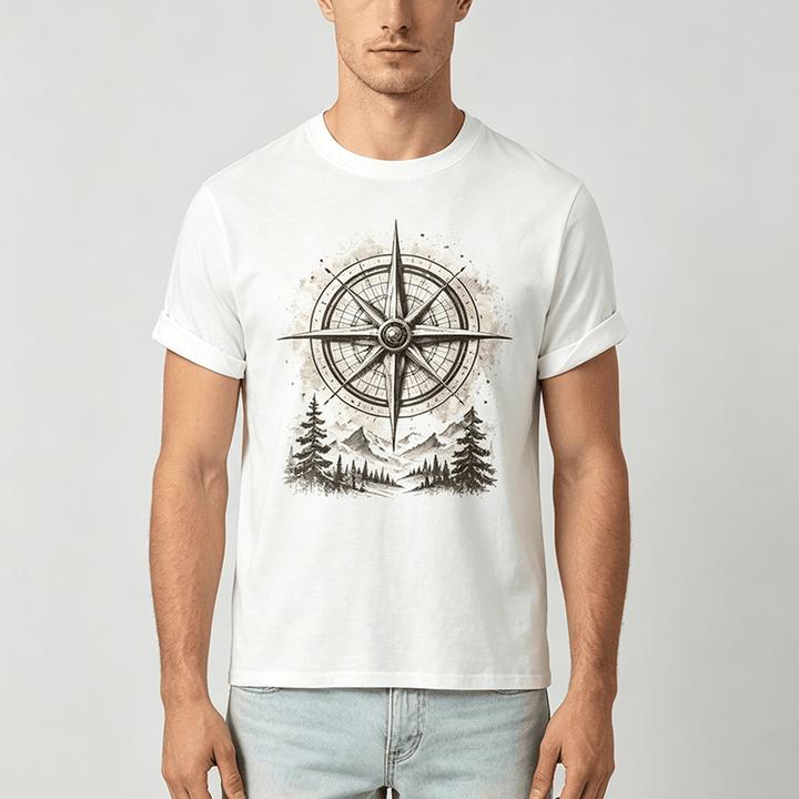 Vintage-T-Shirt mit Aquarell-Bergkompass-Grafik im Western-Stil - image 1