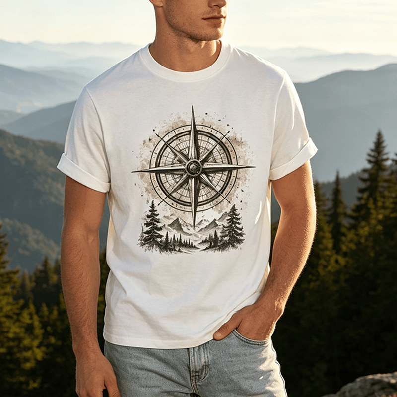 Vintage-T-Shirt mit Aquarell-Bergkompass-Grafik im Western-Stil - image 0
