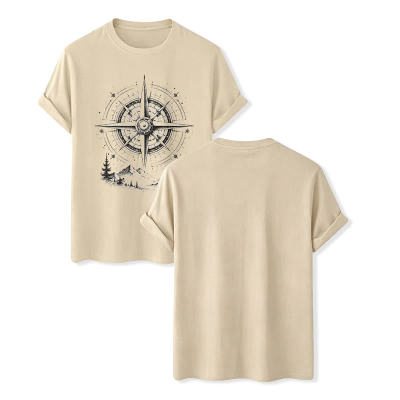 Western-T-Shirt mit handgezeichnetem Bergkompass-Motiv in schwarzer Tinte - Beige - 2XL - image 6